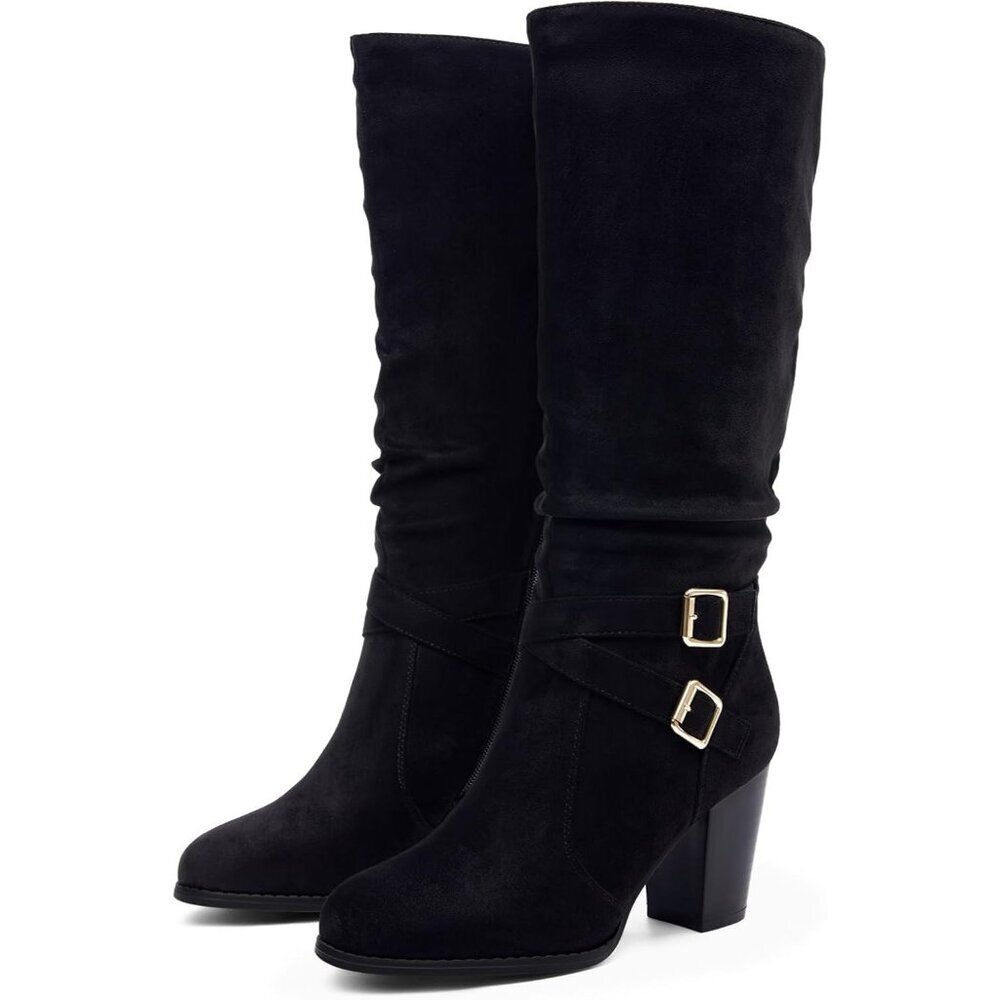 Women Black Mid Knee High Boots Chunky Heel Slouchy Metal Buckle Winter Shoes